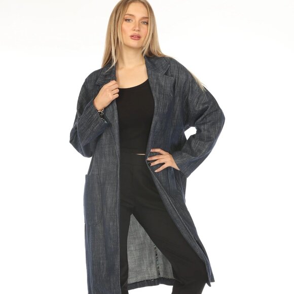 Denim Blue 100% Cotton Trench Coat - Picture 1 of 6